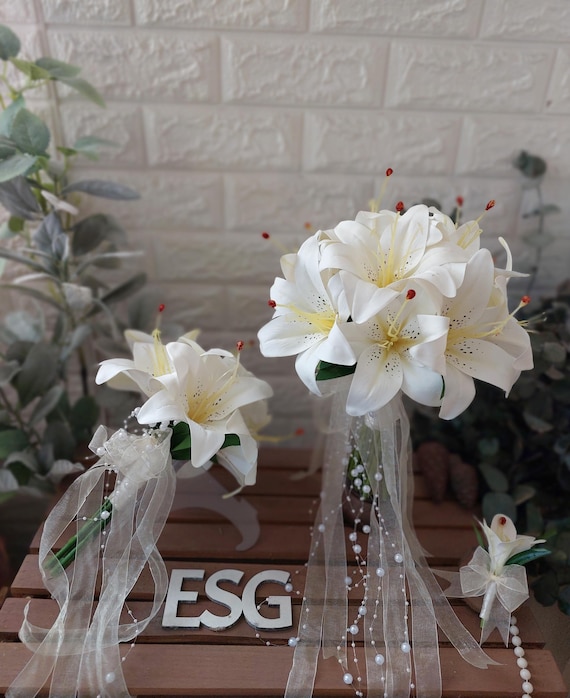 Conjunto de ramo de novia, flor de lirio crema, lirios, accesorio