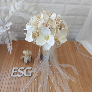 Bouquet de mariée magnolia ivoire, accessoire de mariage en cristal de perles, fleurs séchées, demoiselle d&#39;honneur, motifs faits main