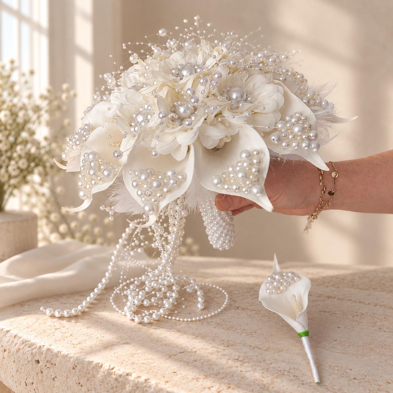 Pearl Embellished Callas Bridal Bouquet, Luxury Handmade Custom Flower Arrangement for Bride