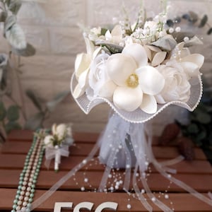 Tulle artificial flower bouquet, magnolia, wedding flower prepared with flowers