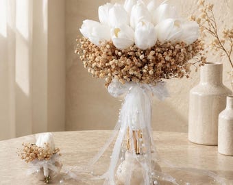 Tulip Bridal Bouquet  Faux tulip Pearl Wedding Flowers  ivory Dried flower