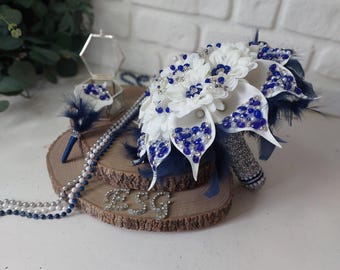 Royal Blau Brautstrauß, Kristallsteine hanmadde Hochzeit Blumen Weiß Satin Blumensträuße