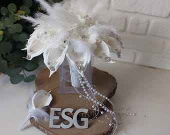 Feather details calla lily bouquet bridal flower bouquets wedding accessory shiny Stone floral