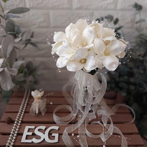Fleur de mariée, bouquet de magnolia artificiel, blanc artificiel Real Touch, bouquet de mariée ivoire, cadeaux de demoiselle d&#39;honneur