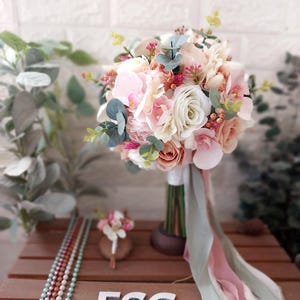 Pink Artificial flower Bridal Bouquet, Roses, Eucalyptus, dried flowers