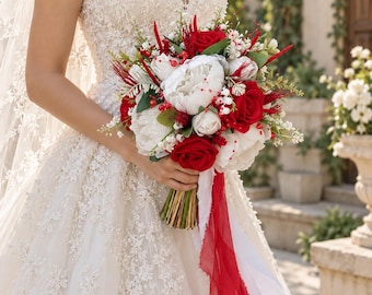 May include: A wedding bouquet featuring vibrant red roses and large white peonies, accented with small white filler flowers, red berries, and green foliage. The stems are wrapped in a bundle, finished with long, flowing red and white ribbons.
