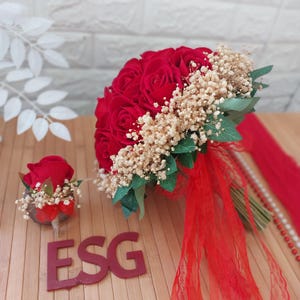 Red Rose Bridal Bouquet Set, Faux Wedding Flowers, Elegant Red Bridal & Bridesmaid Bouquets, Artificial Rose Arrangement