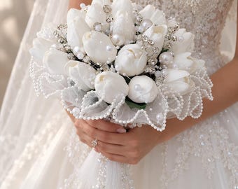 Real Touch Tulip Bridal Bouquet, Artificial Flower Arrangement, Glass stone bouquet, Wedding keepsake