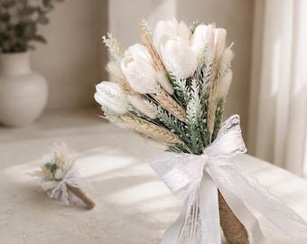 Real Touch Tulip Bridal Bouquet, Dried Wheat, Lavender, Timeless Arrangement