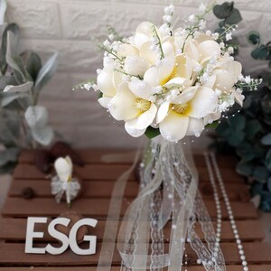 Fleur de mariée magnolia, bouquet de perles et de magnolia, blanc artificiel Real Touch, demoiselles d&#39;honneur de mariée ivoire