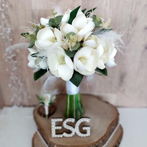 Bouquet de mariée fleur de magnolia, fiançailles, accessoires de mariage en plumes artificielles et eucalyptus