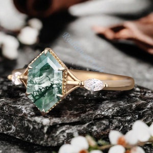 Dainty Moss Agate Engagement Ring Vintage Hexagon Cut Moss Agate Ring Yellow Gold Ring Marquise Moissanite Wedding Bridal Promise Ring Gifts