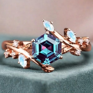 Hexagon Cut Alexandrite Engagement Ring Unique Rose Gold Marquise Cut Moonstone Ring Vintage Promise Women Moissanite Anniversary Gift Ring
