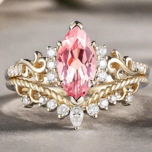 Vintage Pink Sapphire Engagement Ring Set Women Unique Rose Gold Marquise Cut Pink Sapphire Cluster Wedding Ring Set Bridal Anniversary Gift