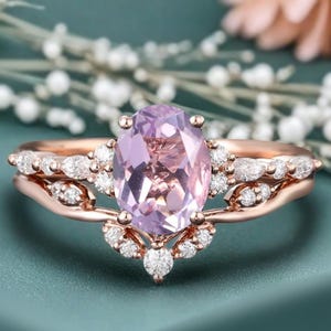 Vintage Oval Cut Lavender Amethyst Engagement Ring Set Unique Rose Gold Art Deco Cluster Moissanite Bridal Wedding Ring Set Anniversary Gift