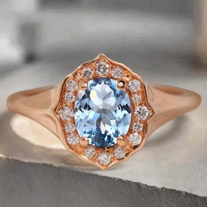 Vintage Aquamarine Ring Solid Gold Oval Cut Aquamarine Engagement Halo Ring Unique Moissanite Promise Ring Anniversary Gift Ring For Women