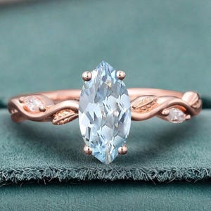Marquise Aquamarine Engagement Ring Moissanite Cluster Promise Ring Rose Gold Art Deco Blue Aquamarine Leaf Design Ring Anniversary Gift