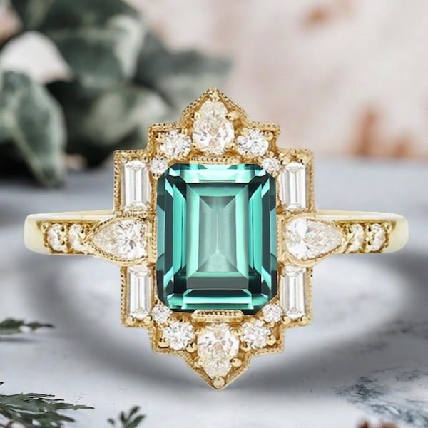 Antique Emerald Ring Vintage Emerald Cut Ring Solid 14K Gold Ring Emerald Engagement Ring Silver Ring May Birthstone Ring Promise Ring Gift