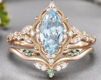 Vintage Aquamarine Engagement Ring Set Women Rose Gold Marquise Cut Cluster Ring Green Gemstone Wedding Bridal Ring Set Anniversary Gift