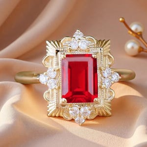 Emerald Cut Ruby Wedding Ring Unique Rose Gold Red Ruby Engagement Ring Art Deco Ruby Gemstone Ring Promise Bridal Ring Anniversary Gift