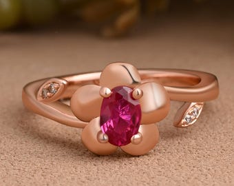 Oval Cut Ruby Engagement Flower Ring Vintage July Ruby Gemstone Ring Unique Cluster Ring Rose Gold Ring Promise Wedding Bridal Ring Women
