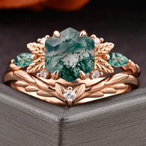 Vintage Moss Agate Engagement Ring Set Women Unique Rose Gold Hexagon Cut Green Agate Ring Green Gemstone Wedding Ring Anniversary Gift