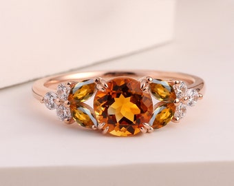 Anillo de compromiso vintage de citrino, anillo único de racimo de citrino, anillo nupcial de oro rosa con piedras preciosas, anillo de promesa para mujer, anillo con piedra de nacimiento personalizada.