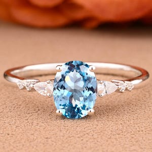 Vintage Aquamarine Ring 14K Solid Gold Oval Blue Aquamarine Engagement Ring Unique Moissanite Promise Ring Anniversary Gift Ring For Women