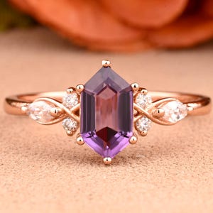 Amethyst Ring Hexagon Cut Purple Amethyst Engagement Ring Unique Rose Gold Moissanite Amethyst Ring Vintage Promise Anniversary Gift Ring