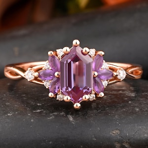 Unique Hexagon Cut Natural Amethyst Engagement ring Vintage Rose Gold Amethyst Ring Amethyst Moissanite ring Women Bridal Anniversary Gift