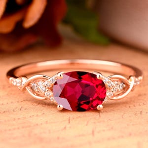 Oval Cut Ruby Engagement Ring Vintage Gemstone July Birthstone Ring Unique Cluster Ring Rose Gold Ring Promise Wedding Bridal Ring Women