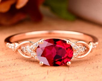Oval Cut Ruby Engagement Ring Vintage Gemstone July Birthstone Ring Unique Cluster Ring Rose Gold Ring Promise Wedding Bridal Ring Women