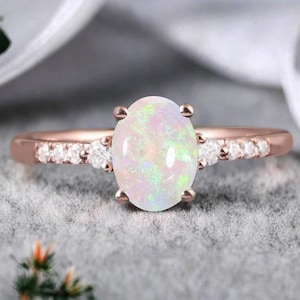 Oval Cut Opal Engagement Ring Unique Rose Gold Marquise Moissanite Ring Opal Gemstone Promise Ring Unique Bridal Ring Anniversary Ring Gift