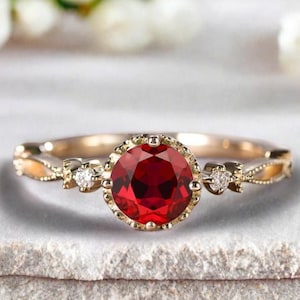 Round Shaped Ruby Engagement Ring Vintage Gemstone July Birthstone Ring Unique Cluster Ring Rose Gold Ring Promise Wedding Bridal Ring Women