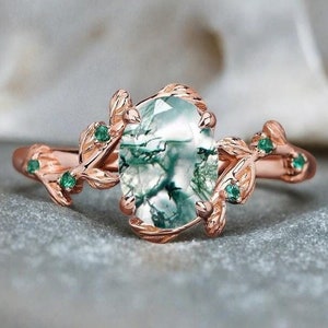 Moss Agate Engagement Ring Oval Cut Green Agate Solid Gold Branch Ring Unique Cluster Emerald Wedding Ring Vintage Leaf Ring Gift For Her