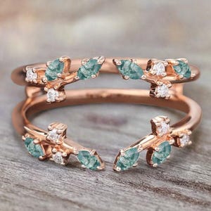 Unique Marquise cut Moss agate Enhancer Wedding Band Vintage 14k Rose Gold Ring Moissanite Curved Matching Ring Anniversary Gift For Women