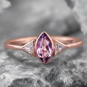 Vintage Marquise Cut Amethyst Engagement Ring Purple Amethyst Wedding Ring 14K Rose Gold Three Stone Ring Amethyst Promise Ring Gift for Her