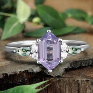 Unique Hexagon Cut Lavender Amethyst Engagement Promise Ring Vintage Marquise Cut Moss Agate Ring Women Bridal Anniversary gift ring