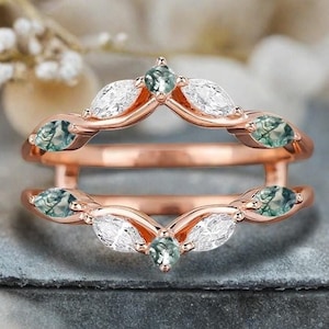 Unique Marquise cut Moss agate Enhancer Wedding Band Vintage Rose Gold Ring Moissanite Curved Matching Band Personalized Ring For Women
