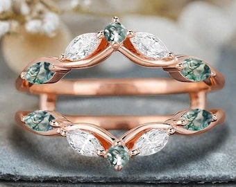Unique Marquise cut Moss agate Enhancer Wedding Band Vintage Rose Gold Ring Moissanite Curved Matching Band Personalized Ring For Women