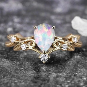 Pear Cut Opal Engagement Ring Vintage Unique Moissanite Ring Art Deco Opal Wedding Promise Bridal Ring Rainbow Ring Christmas Gift For Her