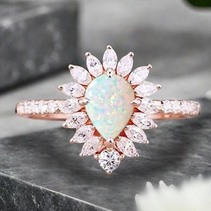 Pear Cut Opal Engagement Ring Unique Rose Gold Moissanite Ring Alternative Promise Ring for Women Opal Ring Bridal Anniversary Gift For Her