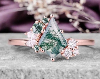 Anillo de compromiso de ágata musgosa verde con corte de cometa, anillo vintage de moissanita de corte redondo en oro rosa de 14 k, anillo de boda nupcial único para mujer, anillo de promesa.
