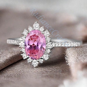 Unique Oval Cut Pink Sapphire Engagement Ring Solid Gold Ring Round Moissanite Wedding Halo Ring Promise Ring Anniversary Birthday Gift