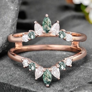 Unique Marquise cut Moss agate Enhancer Wedding Band Vintage Rose Gold Ring Moissanite Curved Matching Ring Personalized Ring For Women