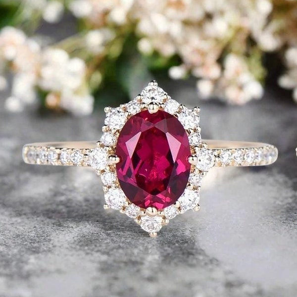 Unique Ruby Engagement Ring Oval Ruby Wedding Ring Diamond Engagement Ring 14k Rose Gold Bridal Ring Anniversary Ring Christmas Gift For Her
