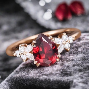 Pear Shaped Ruby Engagement Ring Vintage Gemstone July Birthstone Ring Unique Cluster Ring Rose Gold Ring Promise Wedding Bridal Ring Women