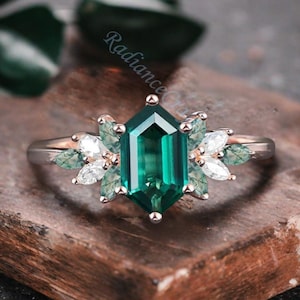 Vintage Hexagon Emerald Engagement Ring Nature Inspired Cluster Promise Ring Rose Gold Art Deco May Birthstone Ring Custom Bridal Jewelry