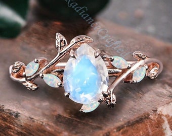 Pear Moonstone Engagement Ring Art Deco Ring Rose Gold Bridal Promise Ring Vintage Leaf Promise Ring Opal Weding Ring Handmade Jewelry Gifts