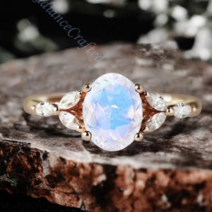 Antique Oval Moonstone Engagement Ring Unique Rose Gold Marquise Moissanite Ring Vintage Moonstone Wedding Ring Rainbow Bridal Anniversary